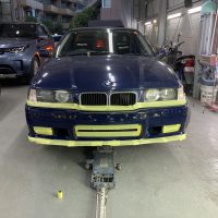 BMW・3シリーズクーペ，E36，バンパークリア剥がれ，フロントバンパー修理塗装