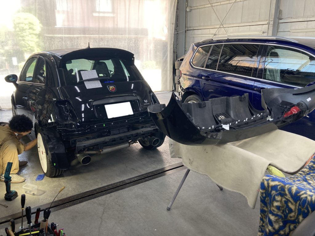 フィアット、アバルト695、クォーターパネル、リアバンパー、アルミホイール、キズ、変形、修理、交換、塗装、