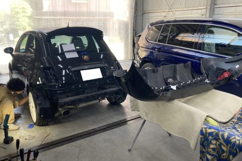 フィアット、アバルト695、クォーターパネル、リアバンパー、アルミホイール、キズ、変形、修理、交換、塗装、