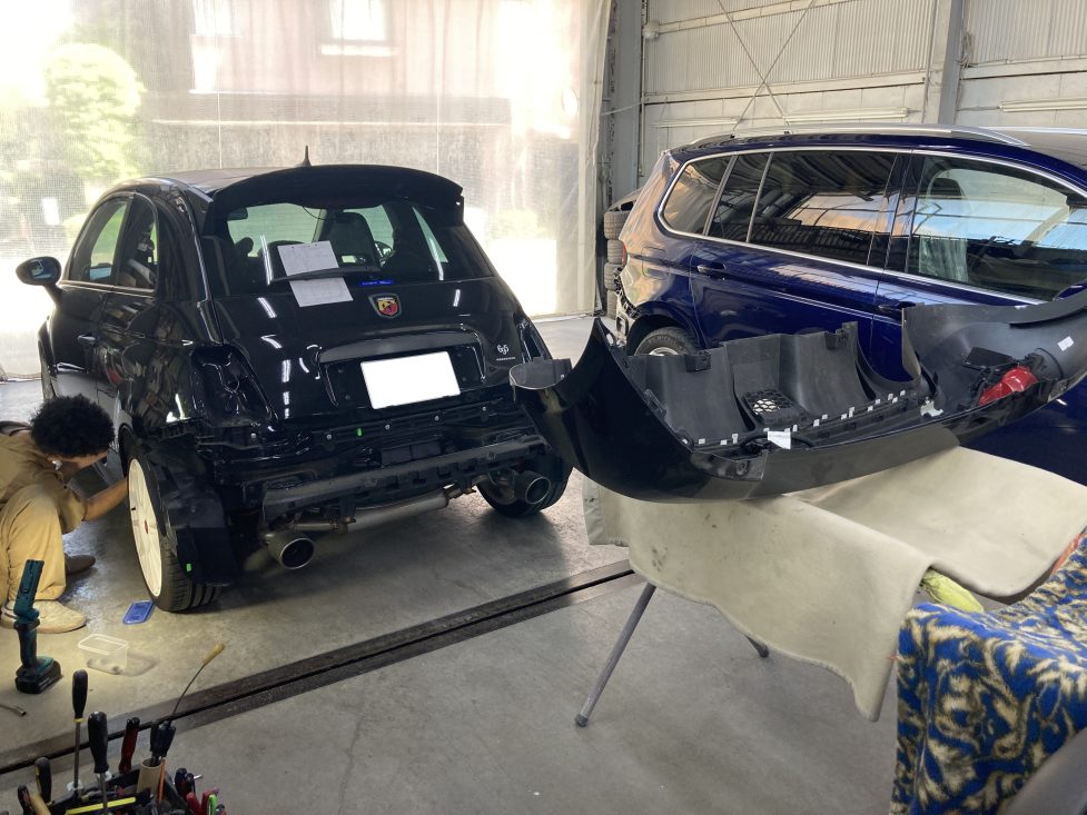 フィアット、アバルト695、クォーターパネル、リアバンパー、アルミホイール、キズ、変形、修理、交換、塗装、